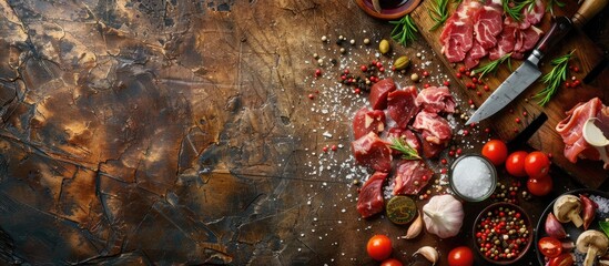 Aufkleber - Rustic background with a cutting board surrounded by salted meat and cooking ingredients, top view, providing space for a copy space image.