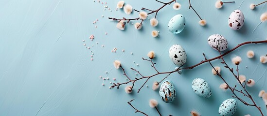 Fototapete - Flatlay with Easter decorative eggs and branches on a soft blue pastel backdrop featuring a craft quail egg design. Festive spring holiday card with ample copy space image.