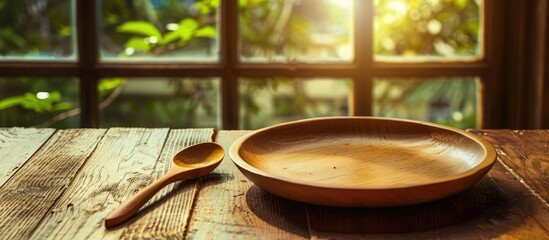 Aufkleber - An empty plate, along with a wooden spoon and fork, rests on a brown wooden table by a window with a view, creating a perfect copy space image.