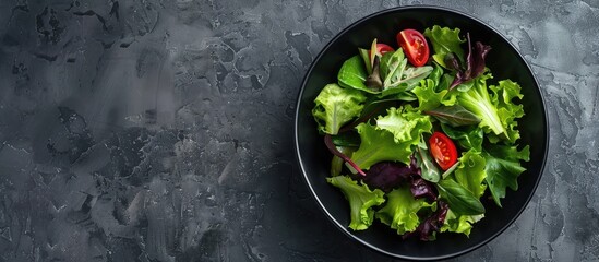 Poster - Top view of a fresh salad bowl on a stone surface, with room for additional text or images in the frame.