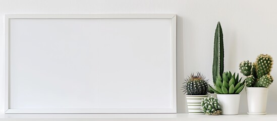Poster - A simple white frame with ceramic cactus plants on a shelf or desk against a white backdrop provides a visual story in a copy space image.