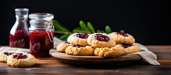 Poster - Cookies with syrup and jam displayed on the desk with copy space image.