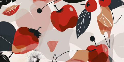 Poster - Red apples and cherries floating on abstract background
