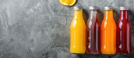 Aufkleber - Bottles of fresh juices displayed on a concrete table with a vivid copy space image.
