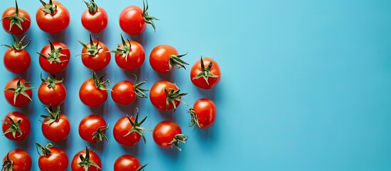 Poster - Cherry tomatoes arranged with a background color of blue providing copy space image.