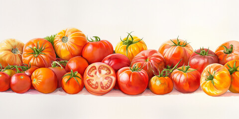 Poster - Watercolor painting showing a row of ripe garden tomatoes on white background