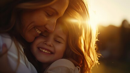 Happy mother and daughter hugging at sunset.