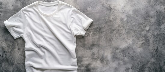 Leinwandbilder - Top view of a white T-shirt on a clothes background with an empty copy space image for mock-up purposes is displayed.