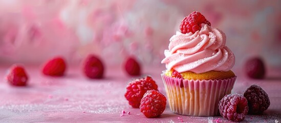 Sticker - Raspberry cupcake on the table, with a close-up view, ideal for designs with copy space image.