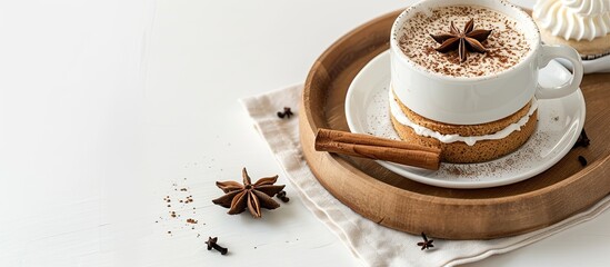 Poster - A cup of coffee rests on a tray next to a cake with cinnamon and anise, set against a white background with copy space image.