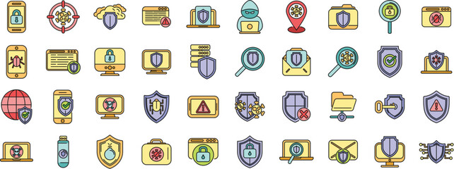 Poster - antivirus icons set outline vector. malware bug. cyber data thin line color flat on white