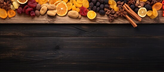 Sticker - Dried fruits frame for making drinks or compotes, promoting health with copy space image on boards.