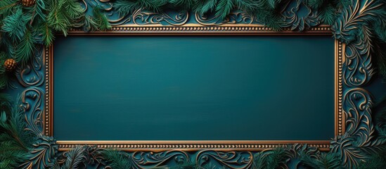 Aufkleber - Top-down angle of a wooden frame crafted from fir tree on vibrant backdrop featuring copy space image, embodying the spirit of Christmas.