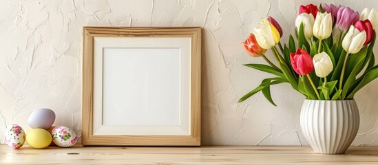 Poster - Tulip flowers and Easter eggs displayed on a wooden table against a light wall with an empty picture frame for a copy space image.