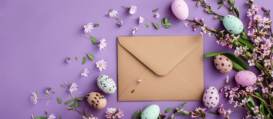 Poster - Purple background with Easter decor - a Kraft envelope surrounded by eggs, ideal for an Easter-themed invitation or postcard. Top view with abundant copy space image.