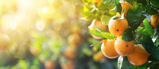 Aufkleber - Tropical fruit harvest concept design with copy space image: Fresh ripe oranges on a sunny day, hanging from an orange tree branch.