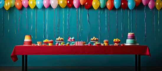 Aufkleber - Table set up with colorful streamers, cupcakes, and a blank area suitable for adding an image.