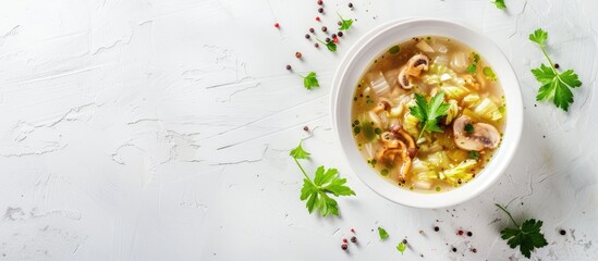 Poster - A white table with a glossy surface displays a bowl of cabbage and shiitake mushroom soup, with ample copy space image.