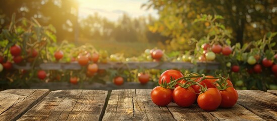 Poster - Fresh red tomatoes placed on a wooden table with a backdrop of a wooden fence and trees, creating a rustic setting with copy space image, emphasizing a vegetarian food concept.