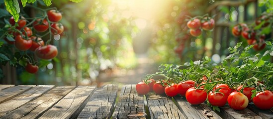 Wall Mural - Fresh red tomatoes placed on a wooden table with a backdrop of a wooden fence and trees, creating a rustic setting with copy space image, emphasizing a vegetarian food concept.