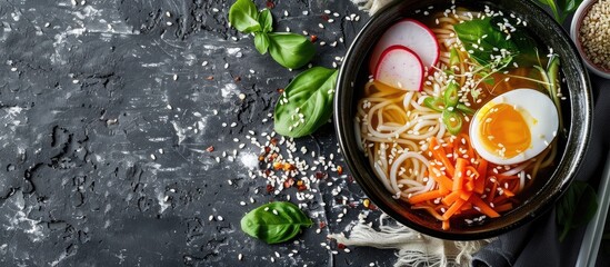 Poster - Close-up top view of a bowl of vegetable noodle broth ramen with an egg, carrot, radish, and sesame seeds on a gray rustic concrete backdrop, including copy space image.