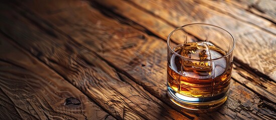 Poster - A glass of whiskey set on a wooden surface with copy space image.