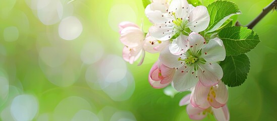 Sticker - Apple blossoms in spring with a green background, perfect for a copy space image.