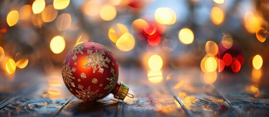 Poster - Festive Christmas ball on table with blurred lights background, perfect for adding text in the copy space image.