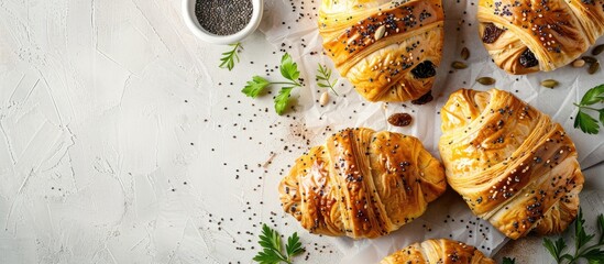 Wall Mural - Pastries filled with poppy seeds and raisins displayed on a white backdrop with copy space image.