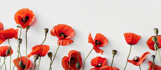 Sticker - Red poppies, also known as common poppy, on a white backdrop providing room for text in a copy space image.