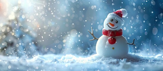 Leinwandbilder - A diminutive snowman is set against a backdrop of a winter wonderland with snow-covered surroundings and a serene atmosphere with copy space image.