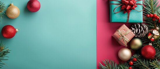 Aufkleber - An overhead view of Christmas ornaments, a gift box, and a colored background with ample room for text or images. Ideal for Christmas or New Year themes.
