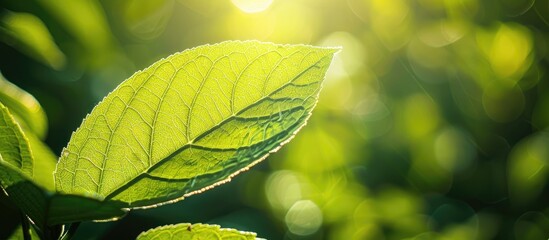 Poster - Close-up view of a green leaf in sunlight, with natural plants as a background. Great for wallpaper or copy space image.