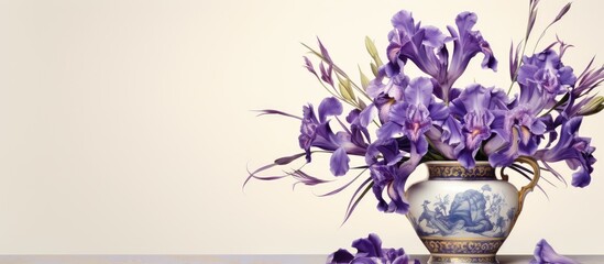 Poster - Festive greeting card displaying copy space image for various occasions featuring a vase with violet irises xiphium.