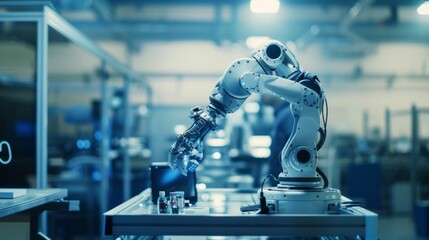 Aufkleber - An automated robotic arm carefully handles small objects on a table in a clean, bright, industrial setting