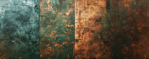 Wall Mural - A sophisticated abstract background featuring a metallic panel with an oxidized copper finish, set against a gradient of deep greens and browns. The rich textures and colors create a luxurious and