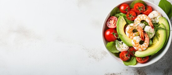Poster - Close-up of a salad bowl containing avocado, prawns, tomato, and mozzarella on a light stone backdrop with ample copy space image. Depicts a healthy diet idea. Top-down view for presentation.