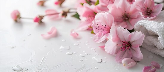 Wall Mural - Spa facial concept with pink flowers on a white background, featuring selective focus for a natural aesthetic with copy space image.