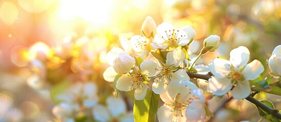 Wall Mural - In the springtime orchard, twigs burst into blossoms under the bright sunshine, creating a picturesque scene with a copy space image available.