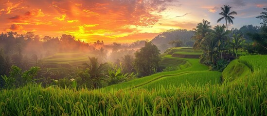 Poster - Lush green rice fields under a colorful sky with trees in the background growing under the sunrise with a beautiful backdrop for copy space image.