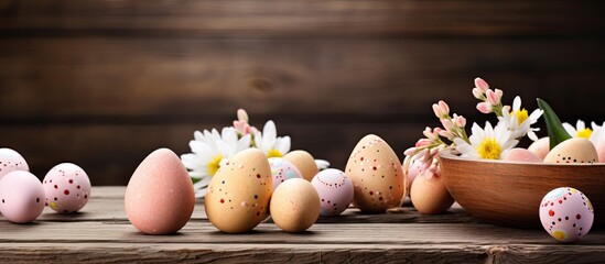 Poster - Wooden table with Easter eggs and bunny ear decorations for a festive Easter holiday setting. Ample copy space image available.