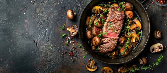Poster - Venison fillet, roasted with thyme and garlic mushrooms, presented in a skillet against a rustic backdrop with copy space image.