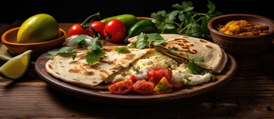 Sticker - Popular Mexican breakfast with quesadilla, eggs, and a variety of delightful ingredients like pita bread, omelet, cheese, and tomatoes shown in the copy space image.