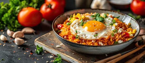 Poster - Delicious Asian cuisine displayed on a table, including stir-fried paprika rice with a sunny side-up egg, set against a background of copy space image.