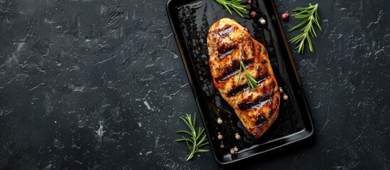 Aufkleber - A view from above of a grilled chicken breast presented on a sleek black tray with ample copy space image.