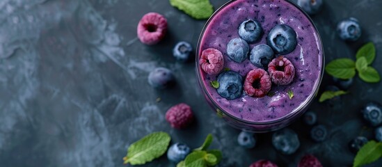 Aufkleber - Grey background with a blueberry smoothie in a glass, providing ample space for text in the image.