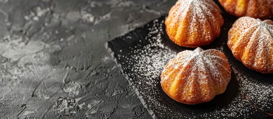 Poster - Mini madeleine cakes with vanilla bean and icing sugar on a black slate plate with copy space image.