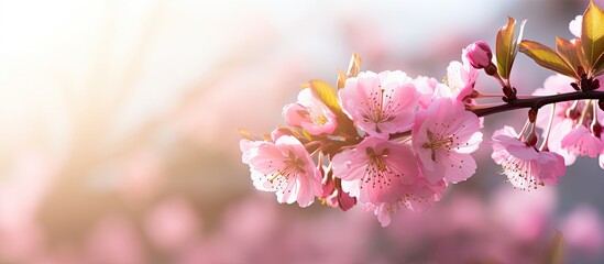 Canvas Print - Blooming pink sakura flowers in a garden with sunlight, creating a natural spring setting with copy space image.