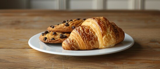 Poster - A croissant and a cookie are displayed on a plate on the table with a copy space image available.