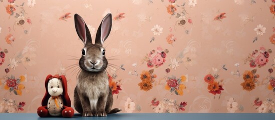 Poster - Easter Rabbit against rabbit-patterned wall in a digital composite with copy space image.